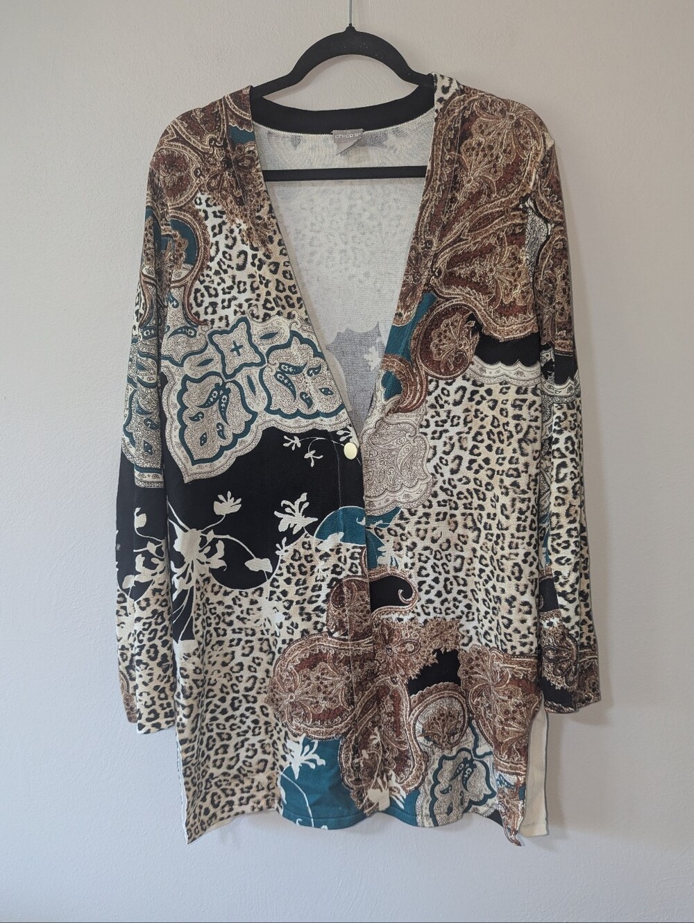 L Chico's Animal & Paisley Print Lightweight Long Cardigan
